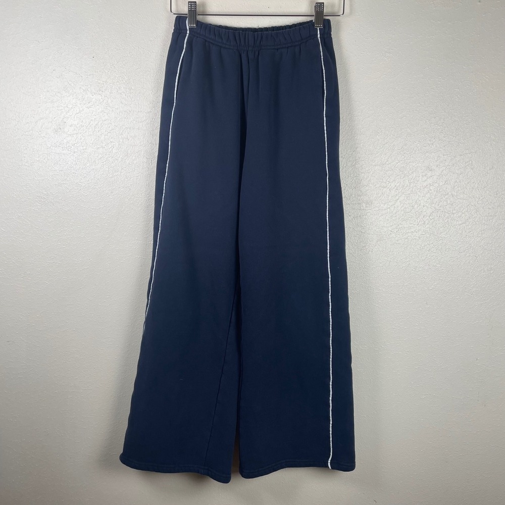 Edikted Navy Blue‎ Wide Leg Sweatpants White Piping Side Pockets XS Womens